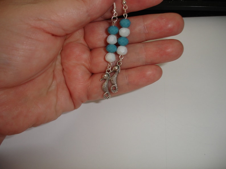 Seahorse Earrings teal and white Czech glass Starfish Earrings nautical earrings