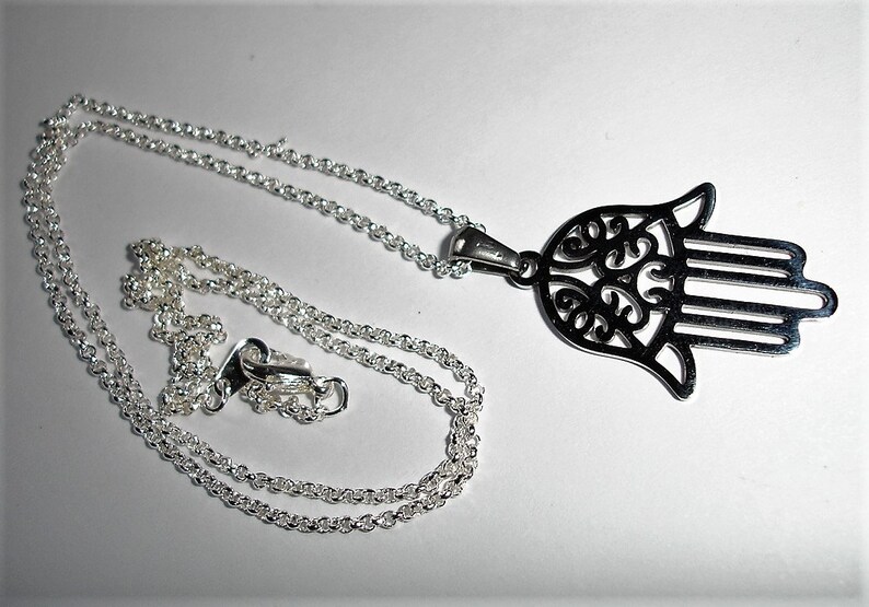 Hamsa Necklace Hamsa Hand Necklace Hamsa on Chain Silver hamsa Gunmetal Hamsa Stainless Hamsa Meditation Mudra Necklace Hamsa Bracelet Cuff