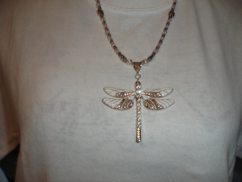 Dragonfly Necklace Beautiful White and silvertone Dragonfly Beaded Necklace Long Dragonfly Statement Necklace Pink and Silver 18 to 20 inch