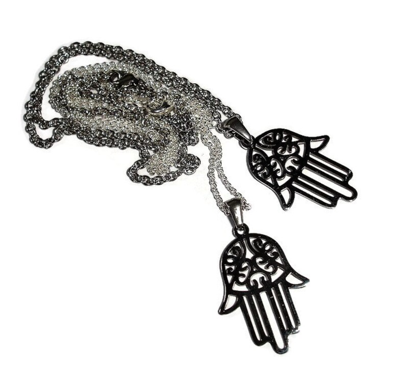 Hamsa Necklace Hamsa Hand Necklace Hamsa on Chain Silver hamsa Gunmetal Hamsa Stainless Hamsa Meditation Mudra Necklace Hamsa Bracelet Cuff