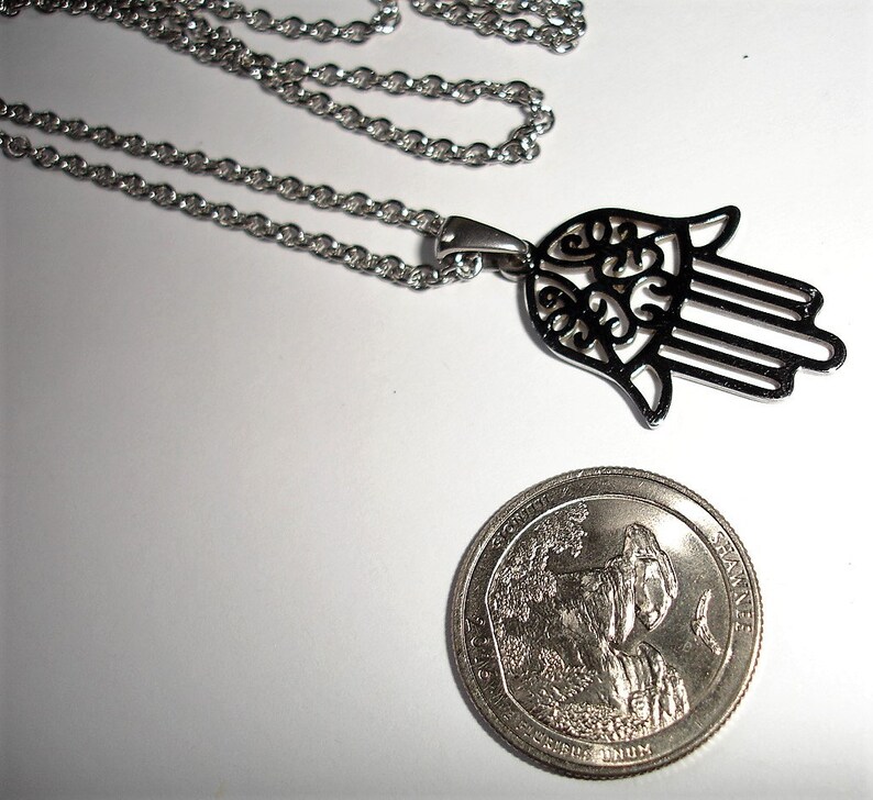 Hamsa Necklace Hamsa Hand Necklace Hamsa on Chain Silver hamsa Gunmetal Hamsa Stainless Hamsa Meditation Mudra Necklace Hamsa Bracelet Cuff