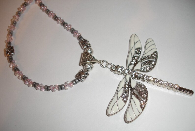 Dragonfly Necklace Beautiful White and silvertone Dragonfly Beaded Necklace Long Dragonfly Statement Necklace Pink and Silver 18 to 20 inch