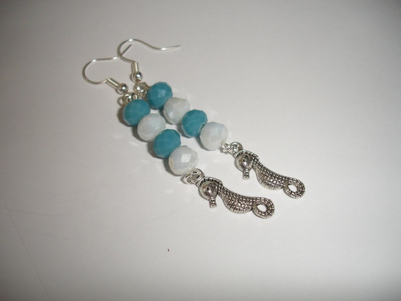 Seahorse Earrings teal and white Czech glass Starfish Earrings nautical earrings