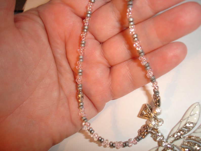 Dragonfly Necklace Beautiful White and silvertone Dragonfly Beaded Necklace Long Dragonfly Statement Necklace Pink and Silver 18 to 20 inch
