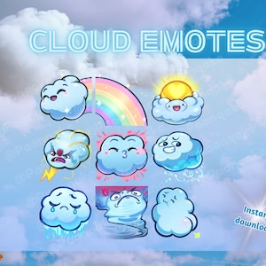 May include: A set of nine cloud-themed emoticons with different expressions, including happy, sad, angry, and surprised. The emoticons are colorful and cartoonish, with a rainbow, sun, and lightning bolt accents. The text "CLOUD EMOTES" is at the top of the image, and "Instant download" is at the bottom.