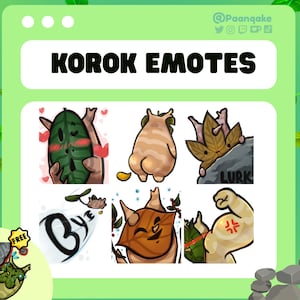 May include: A digital art graphic featuring six Korok emotes with various expressions and poses. The emotes are in a cartoon style, with green, brown, and tan colors. The text "KOROK EMOTES" is displayed at the top.