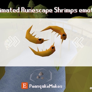 May include: Animated RuneScape shrimps emotes. Two orange shrimps are animated in a loop, moving in a circle. The text "Animated RuneScape Shrimps emotes" is at the top of the image. The text "PaanqakeMakes" is at the bottom of the image.