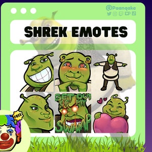 May include: A digital graphic featuring Shrek emotes with various expressions, including smiling, heart-eyes, and holding a heart. The text "SHREK EMOTES" is displayed at the top. A free clown emote is also included.