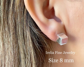 Sterling Silver Polished Square Cube Geometric Earrings,  Size 4, 6 , 8 mm  | Square Studs |Cube Studs | Cubs | Modern Studs | Solid