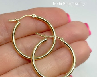 10K Polished 2mm Tube Hoop Earrings 10k Gold Size 1 Inch Size of a