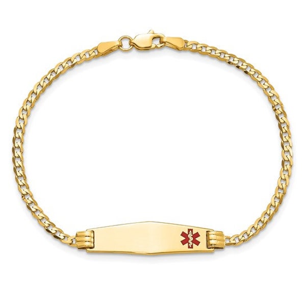 14K Gold  Medical Soft Diamond Shape Red Enamel Curb Link ID Bracelet Size 7  | Solid 14k Gold | 14k | Free Courtesy Engraving