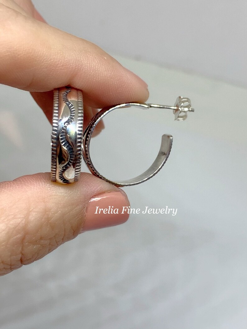 Hand Etching Design Stamped Sterling Vintage Sterling Silver Polished Hoop Earring