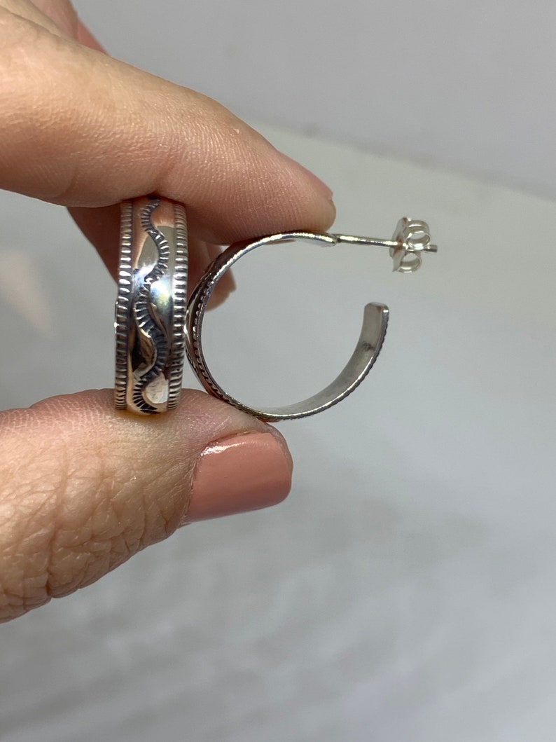 Hand Etching Design Stamped Sterling Vintage Sterling Silver Polished Hoop Earring