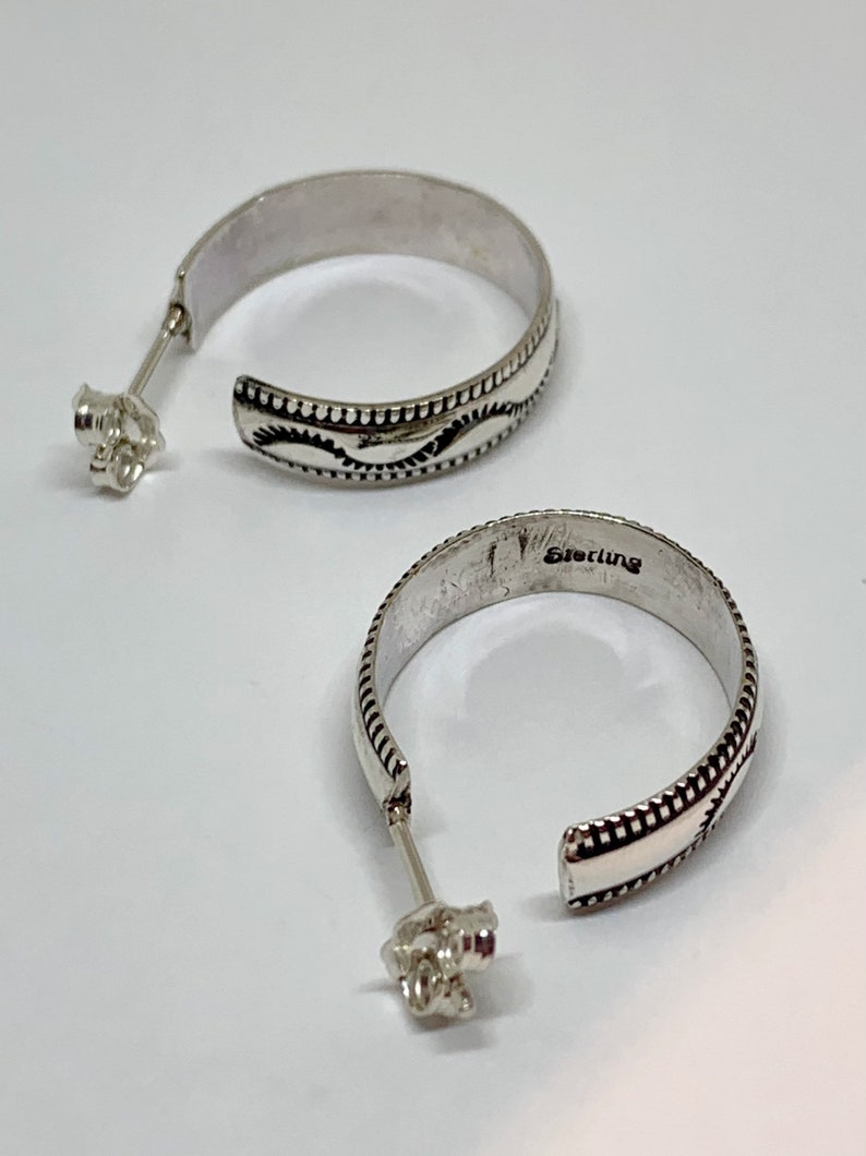 Hand Etching Design Stamped Sterling Vintage Sterling Silver Polished Hoop Earring
