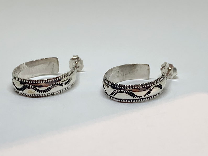 Hand Etching Design Stamped Sterling Vintage Sterling Silver Polished Hoop Earring