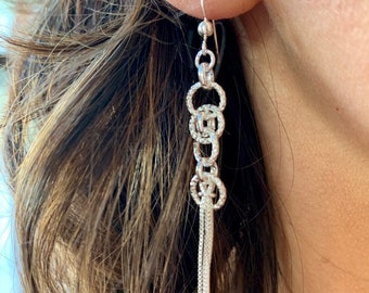 SALE Sterling Silver Circle And Chain Multi-Strand Dangle Earrings |925 | Length 61 mm x 7 wide