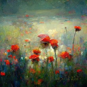 Poppy floral art digital landscape art printable download wall art.  Cottage core wall decor with poppies. Beautiful impressionistic scene.