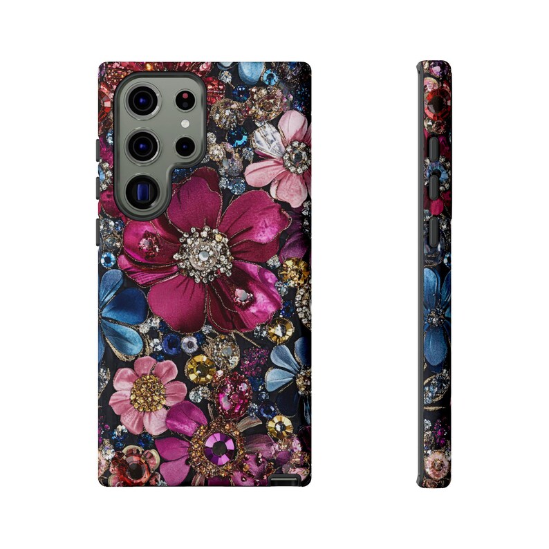 Bling glam bejeweled cell phone case for iPhone and Samsung style.