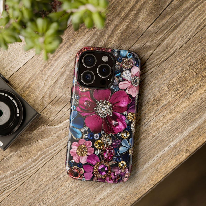 Bling glam bejeweled cell phone case for iPhone and Samsung style.