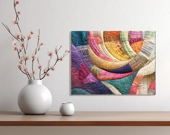 Wall hanging, digital image, with swirled abstract, quilted fabric design, gift idea, housewarming, instant download and print, homey colors