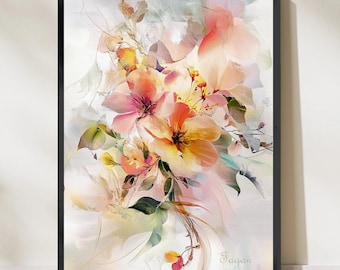 花の抽象アートプリント：ボタニカルウォールデコ（デジタルダウンロード 24 x 36インチ）