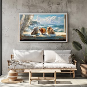 以下が含まれることがあります： 窓際に3つの貝殻が置かれた海の風景の絵画が額装されています。海の風景は、青い海と白い波が岩だらけの海岸に打ち寄せています。空は白雲のある青い空です。貝殻は茶色と白です。