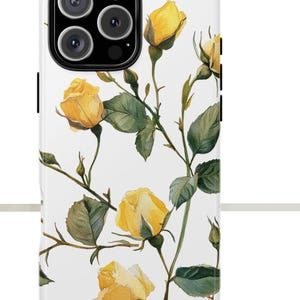 May include: A white phone case with a watercolor design of yellow roses and green leaves.