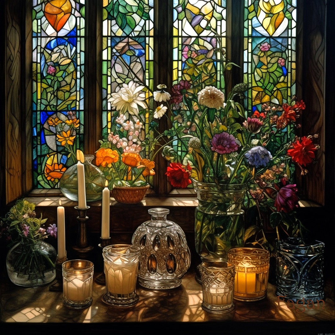 Stained Glass Still Life, Floral Arrangement, Candles, Crystal Vases