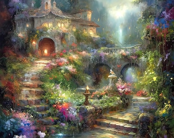 Digital designs Fantasy Garden 2, room decor download print, whimsical wall art image, mythical landscape, digital fantasy designs,