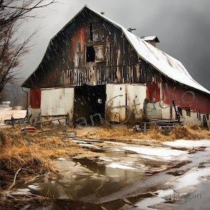Rustic Red Barn digital download image. Farm scene with old barn and barnyard. A perfect gift idea for the farmer in your life. Wall art
