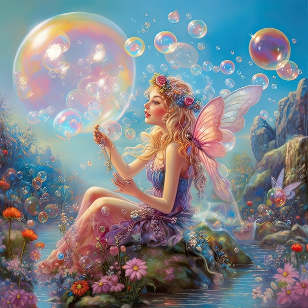 Digital fantasy fairy girl, download printables, wall art fairy room decor, ethereal woman, whimsical art, bubbles airy pastel colors,