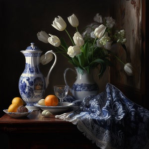 Moody decor digital download, still life with vase and flowers, delftware, white tulips, gift idea, collectible print, wall art, cottagecore