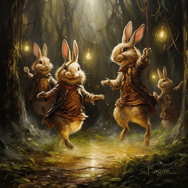 Fantasy digital fairytale rabbit image, magical mystical mood, ai midjourney creation, cottagecore, download and printable, whimsical artist