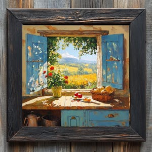 Könnte beinhalten: Gerahmtes Gemälde, das ein sonniges Fenster mit blauen Fensterläden zeigt, mit Blick auf eine lebendige Landschaft. Eine Vase mit roten Blumen, ein Brotkorb und ein Teller mit Obst stehen auf einer Holzoberfläche. Das Gemälde ist in einem schwarzen Holzrahmen.