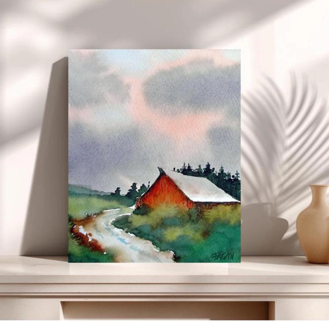 Red Barn Landscape Digital Art, Small Watercolor Style, Farmcore - Etsy