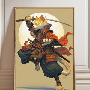Samurai Cat Poster, Japanese Aesthetics Wall Art Print, Unique Matte Vertical Artwork Gift, Kitty Samurai Home Decor, Minimalist Feline