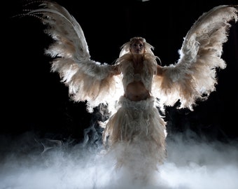 White Feather Wings, fully articulating, dancing costume angel wings for ceremony or performance