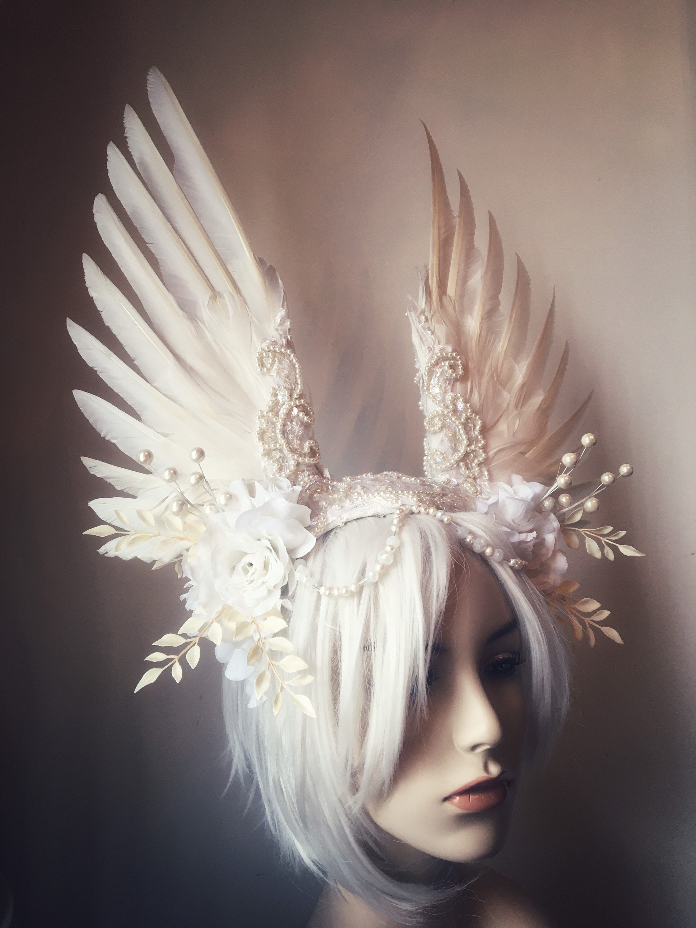 Angel Headdress, pearl wings costume cosplay fantasy goddess bridal wedding  burning man masquerade feathers white headpiece