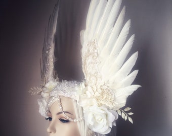 Angel Headdress, pearl wings costume cosplay fantasy goddess bridal wedding burning man masquerade feathers white headpiece