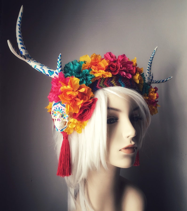 Los Muertos Deer Headdress skulls floral crown costume Etsy