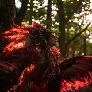 Phoenix Feather Wings, fully articulating, dancing costume wings for ceremony or performance, red, burgundy, fire