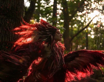 Phoenix Feather Wings, fully articulating, dancing costume wings for ceremony or performance, red, burgundy, fire