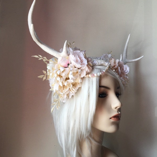 Soft Roses Antler Headdress, white, nature, fantasy, crown, cosplay, costume, fairytale, festival, deer, antlers trees, halloween,