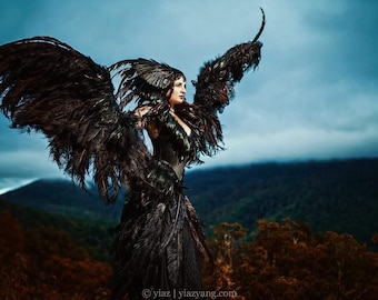 Black Feather Wings, totalmente articulado, alas de traje de baile para ceremonia o actuación, negro, cuervo, cuervo valquiria