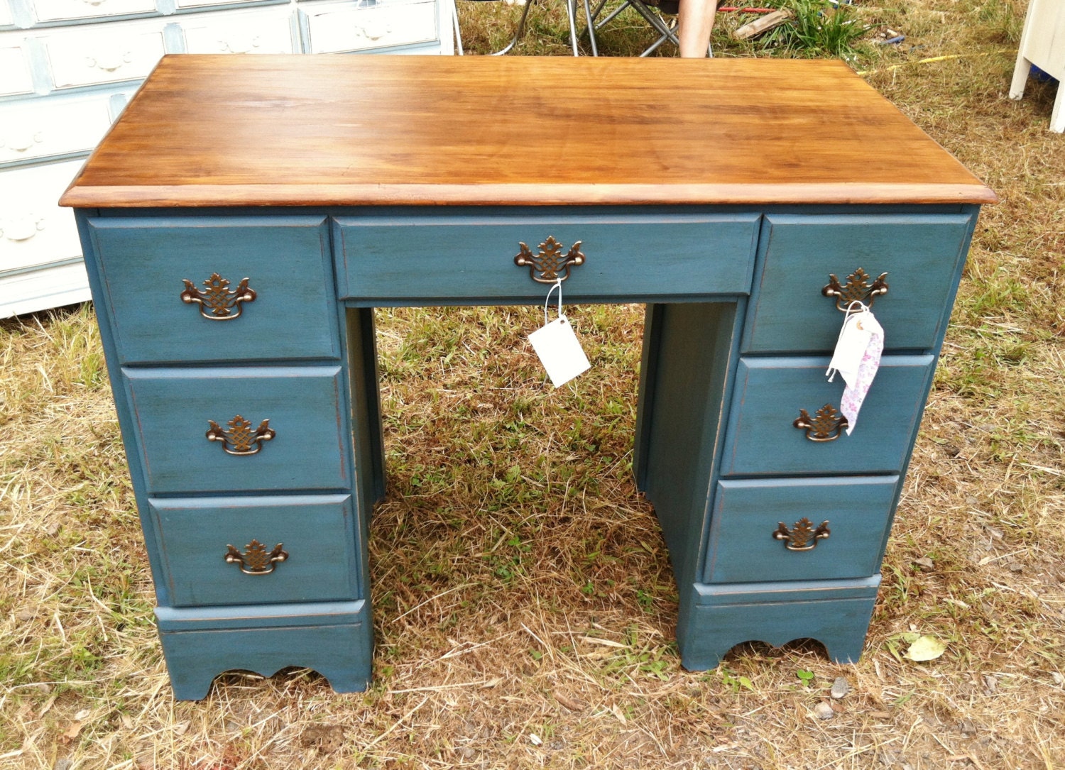 Aubusson Blue Painted Desk with a Wood Stain Top Etsy