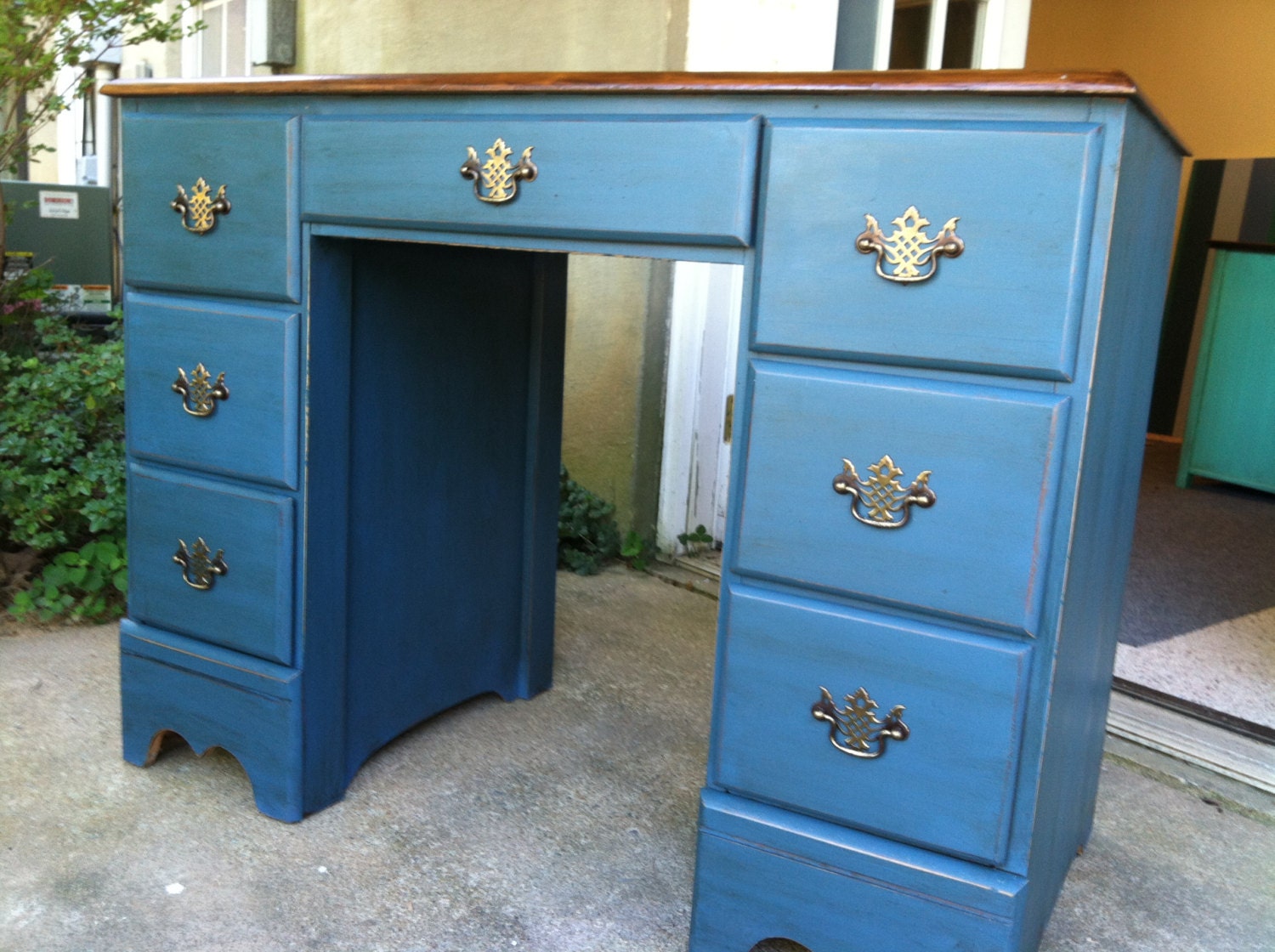 Aubusson Blue Painted Desk with a Wood Stain Top Etsy