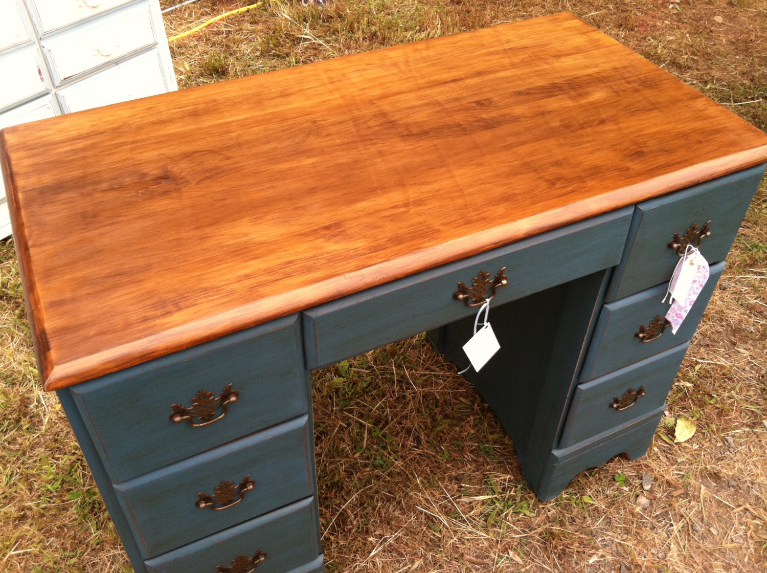 Aubusson Blue Painted Desk with a Wood Stain Top Etsy