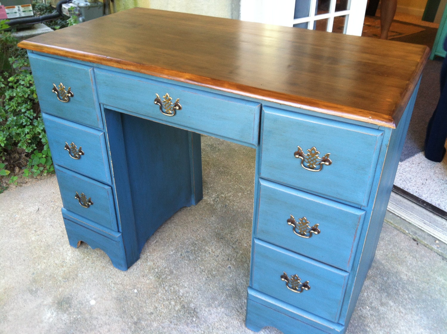 Aubusson Blue Painted Desk with a Wood Stain Top Etsy