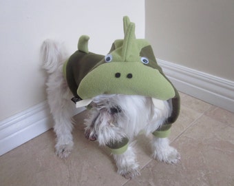 May include: A white dog wearing a green and brown dinosaur costume. The costume has large, white eyes and a toothy grin.