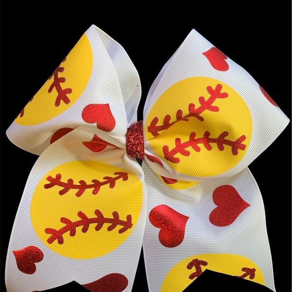 Softball Bow, Cheer-Style, Red Hearts